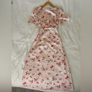 Pink satin floral midi dress